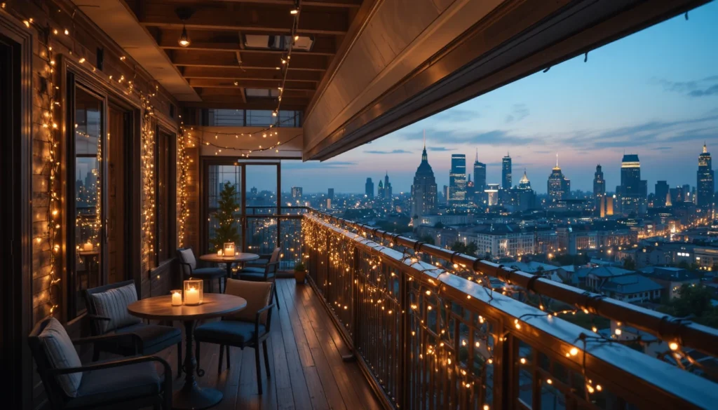 16 Stylish Balcony Ideas to Elevate Your Home Design 7 Balcony at night with string lights, candles, and city skyline view.