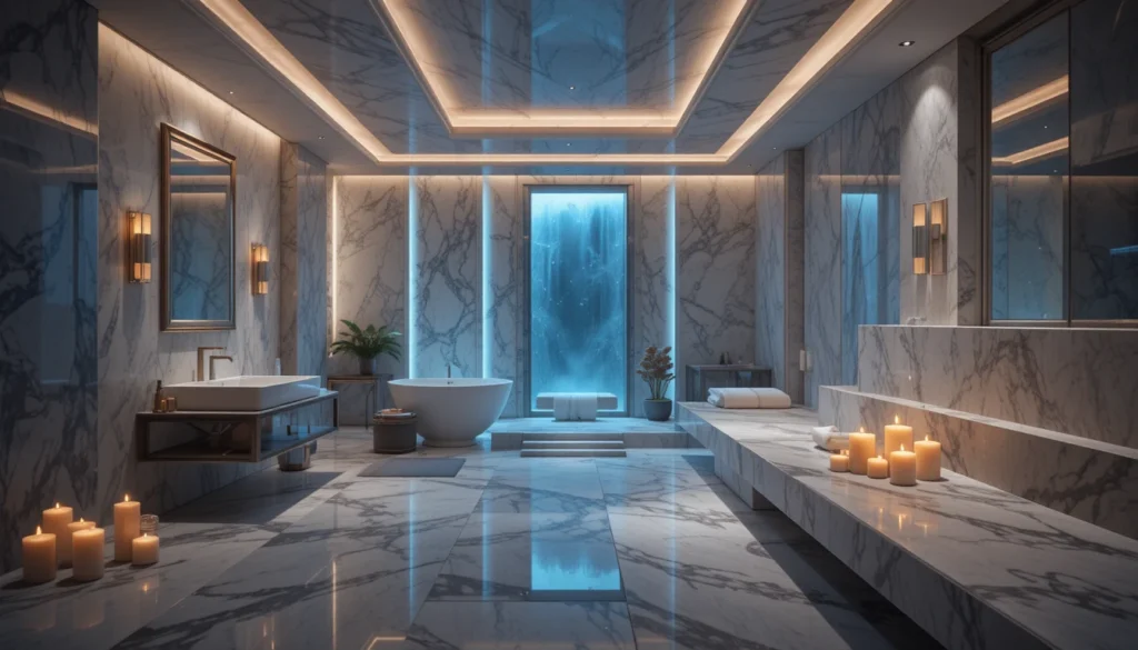 Luxury Bathroom & Shower Design Ideas 5 Bathroom ambient lighting creating a soothing spa atmosphere with marble finishes.