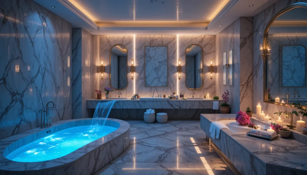 Luxury Bathrooms Inspiration 10 Ambient lighting in a luxury bathroom creating a relaxing spa atmosphere.