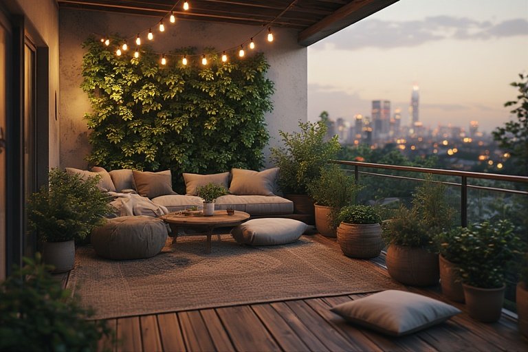 Cozy modern apartment balcony with wooden flooring, plants, string lights, and floor seating overlooking a city skyline at sunset.