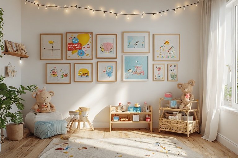 Kids’ room gallery wall with framed art, crafts, and string lights.
