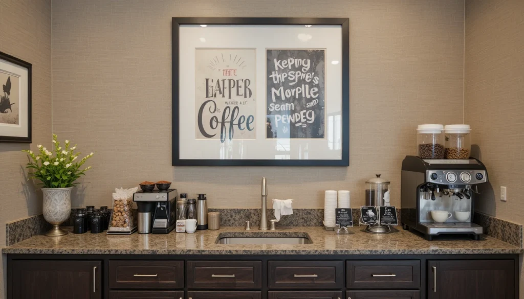 Coffee Bar Ideas for a Stylish and Cozy Home Setup 14 Coffee bar with coffee art above espresso machine on wood counter.