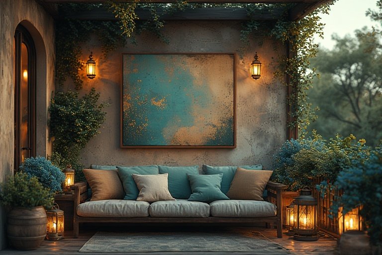 Balcony Ideas Apartment: Transform Your Outdoor Space 14 Apartment balcony with teal cushions, gold lanterns, and wall art for a stylish setup.