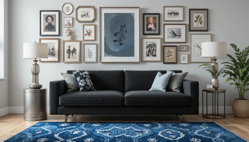 12 Stunning Black Couch Living Room Ideas with Style 10 Artistic living room with black couch, gallery wall art, and blue accent rug