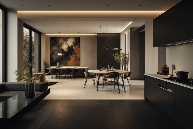 Modern Kitchen Ideas for Stylish and Functional Spaces 16 Modern kitchen with abstract artwork and monochrome finishes.