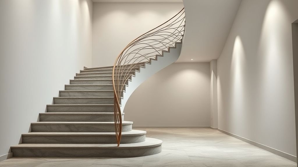 Staircase Design Ideas to Transform Your Home 12 Artistic staircase with polished stone steps and sculptural wave-like metal railing, spotlighted in a modern interior as a stunning centerpiece.
