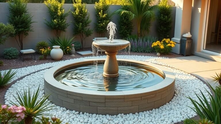 Elegant backyard water feature with stone fountain, greenery, and soft lighting creating a relaxing outdoor atmosphere.