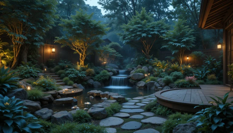 Serene backyard with waterfall, pond, and lush greenery creating a tranquil outdoor escape