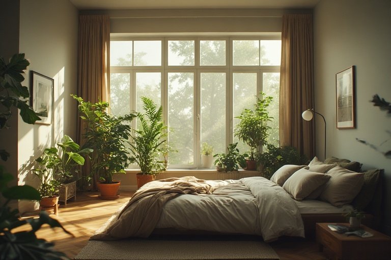 Plant Lover Bedroom Ideas: Bring Nature Into Your Sleep Sanctuary 15 Bedroom with balanced plant arrangement, beige bedding, and bright natural airflow.