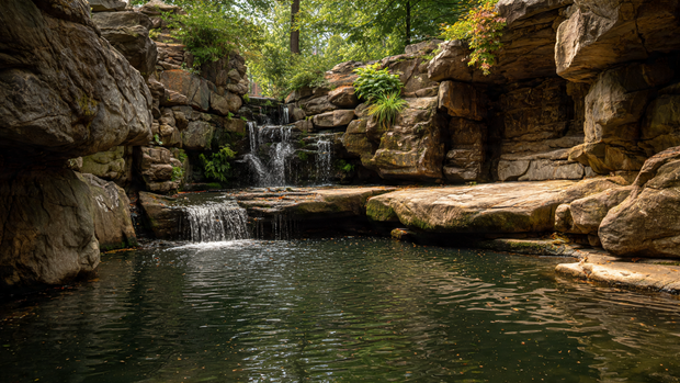 16 Natural Stone Waterfall for Hillside Beauty and Relaxation 10 Hillside waterfall design balancing flowing water with still rock shelves.