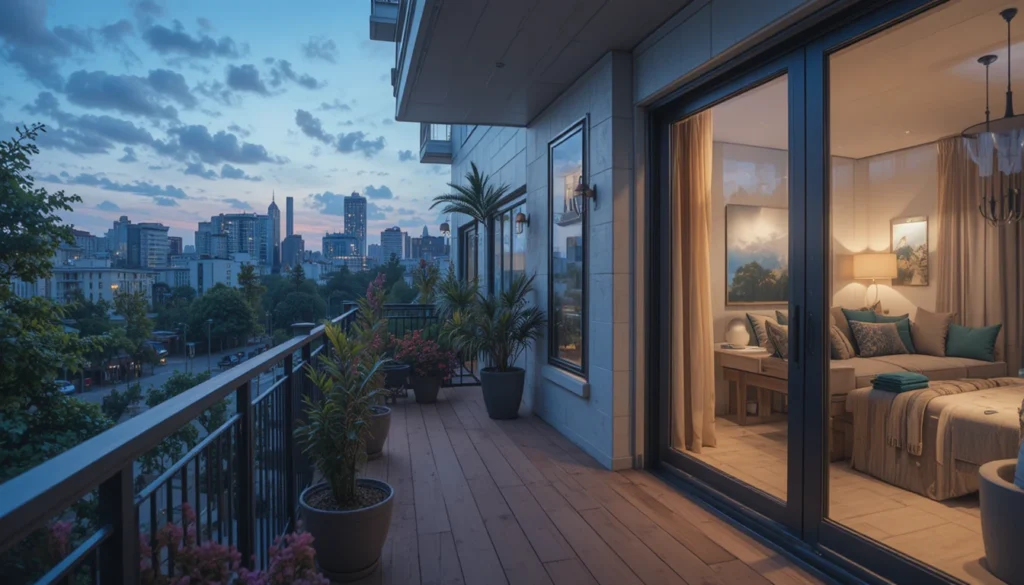 Beautiful Balcony Ideas for Every Home 4 Balcony with warm fairy lights, dark wood decor, and red floor under pink tones.