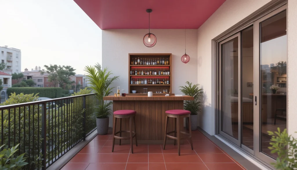 Beautiful Balcony Ideas for Every Home 13 Balcony mini bar with wooden stools, pink lighting, and plants.