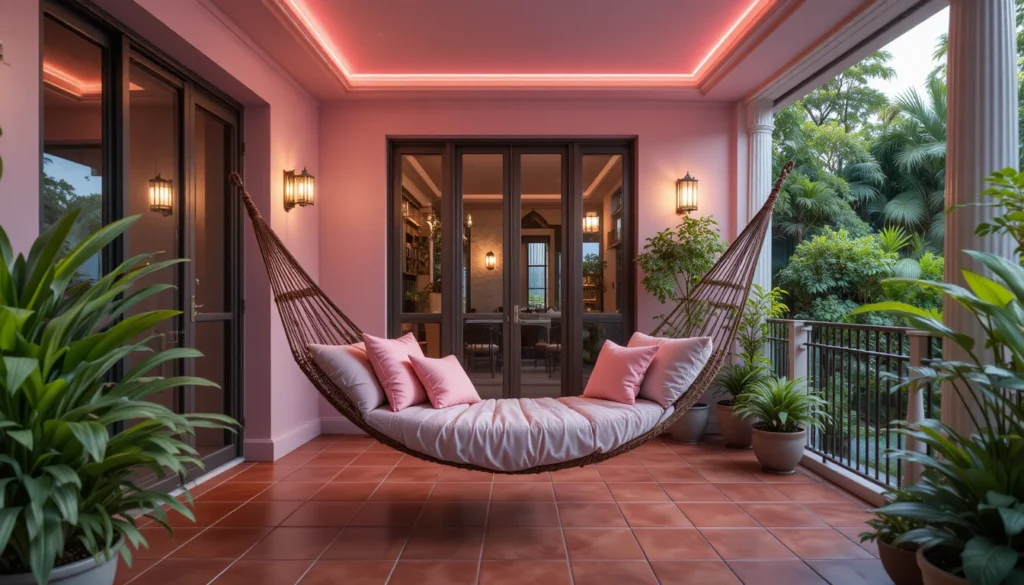 Beautiful Balcony Ideas for Every Home 11 Balcony hammock with wooden frame, red tiles, and pink lighting.