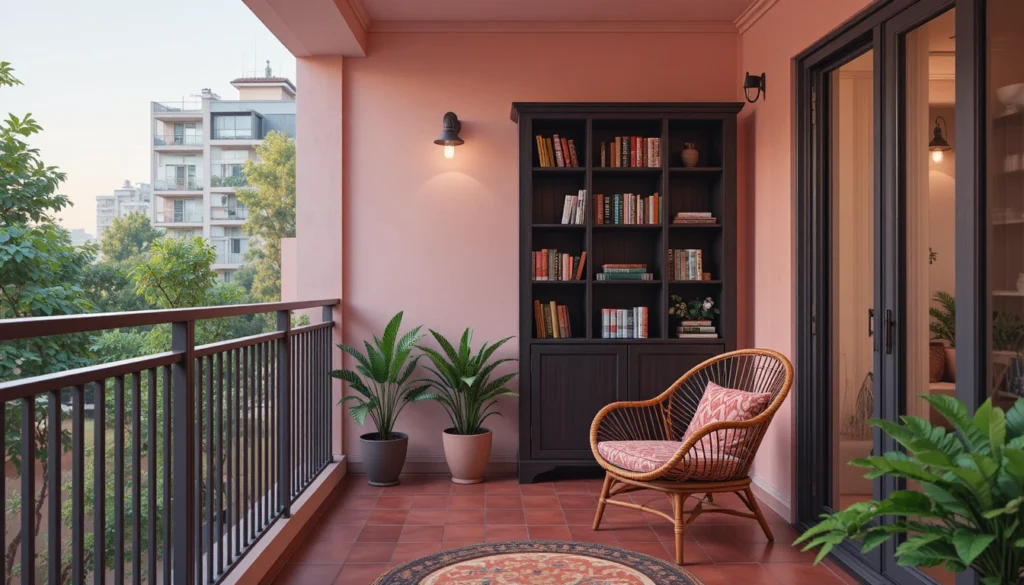 Beautiful Balcony Ideas for Every Home 9 Balcony reading corner with cozy chair, pink glow, and wooden accents.