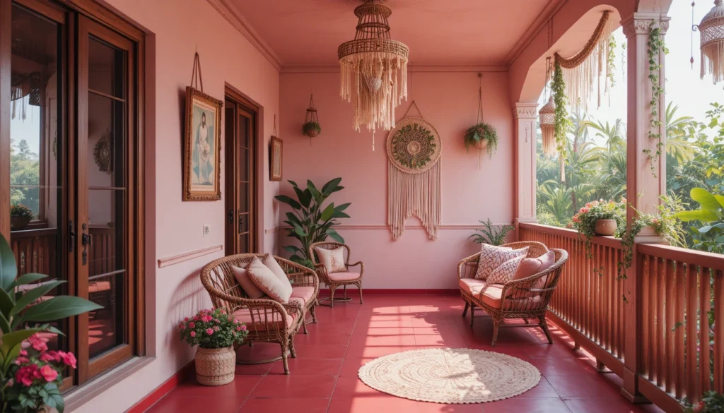 Beautiful Balcony Ideas for Every Home 10 Balcony wall with macramé, wooden art, and warm pink glow above.