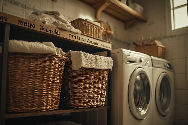 Laundry Room Ideas for Organized and Stylish Living 12 Laundry sorting area with labeled wicker baskets and beige décor.