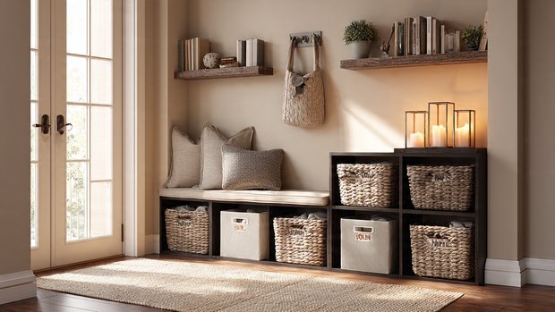 16 Functional Entryway Organization Tips for Everyday Living 6 Organized entryway storage with woven baskets and labeled bins for accessories.