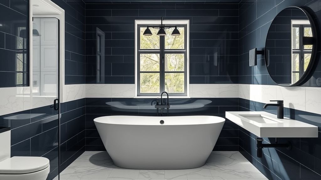 Bathroom Design Ideas for a Stylish Space 4 navy and white bathroom with marble accents and black fixtures
