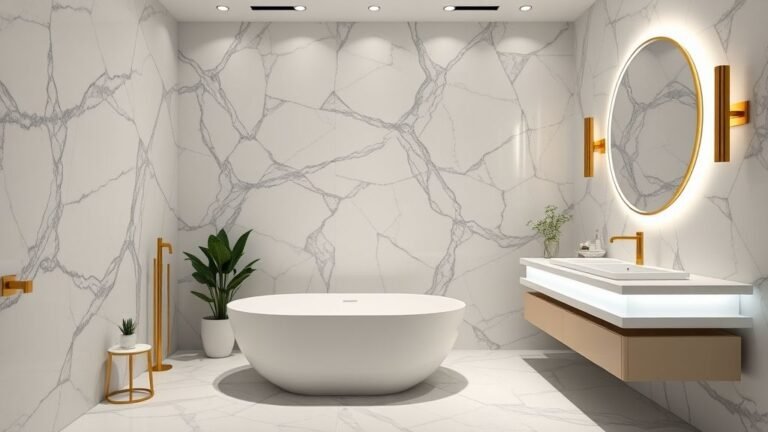 luxury modern bathroom with marble walls, freestanding tub, and gold fixtures