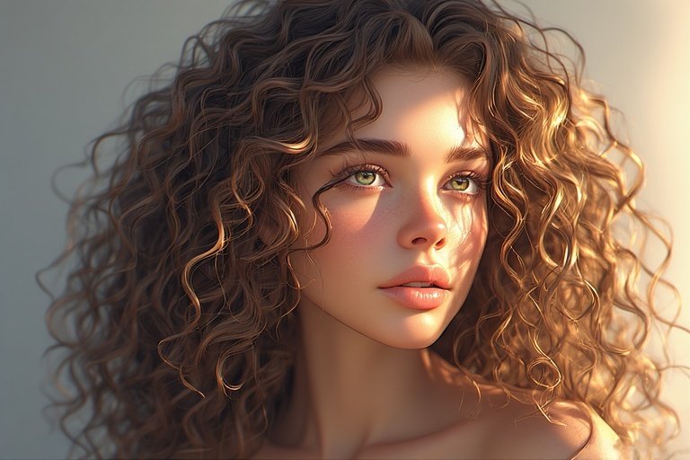 Beautiful woman with voluminous natural curly hair showcasing soft, defined curls and radiant shine.
