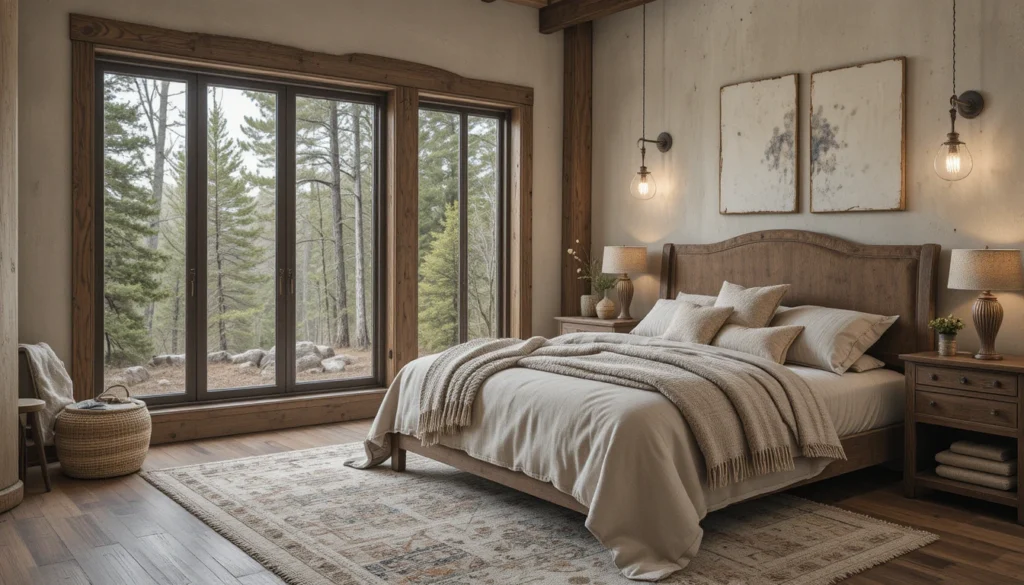 Rustic Cabin Interiors: Cozy Charm and Timeless Design Ideas 8 Rustic bedroom retreat with natural wood textures and cozy layered bedding.