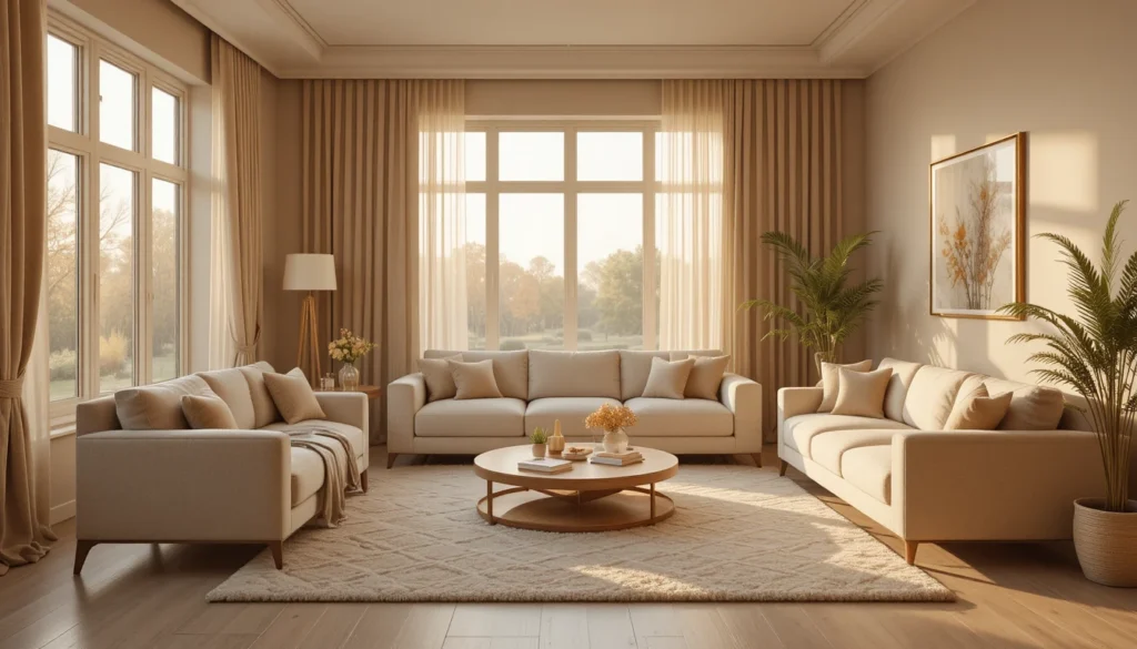 Cozy Home Interiors for Comfort and Timeless Charm 2 A cozy living room designed in full beige tones with warm lighting and soft textures for a calming atmosphere.