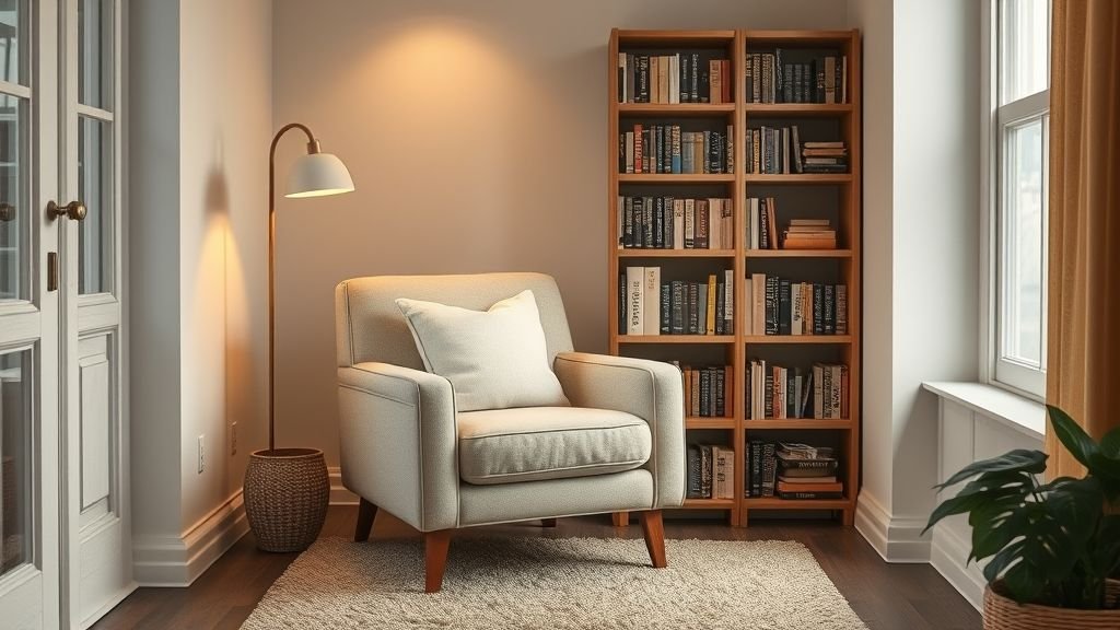 Cozy Reading Nook Ideas for a Peaceful Escape 2 Cozy reading nook with beige chair, soft lighting, and bookshelf.
