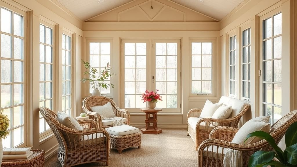 Sunroom Design Ideas for Bright and Relaxing Spaces 4 beige sunroom with wicker furniture and tan cushions under sunlight