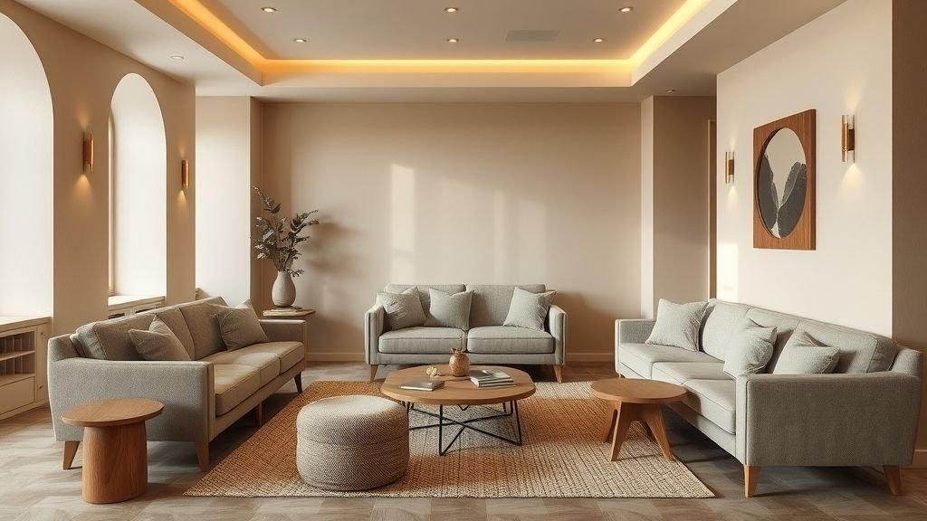 Home Decor Ideas for a Stylish and Inviting Space 3 Modern beige and taupe lounge with wooden textures and soft lighting for cozy warmth.