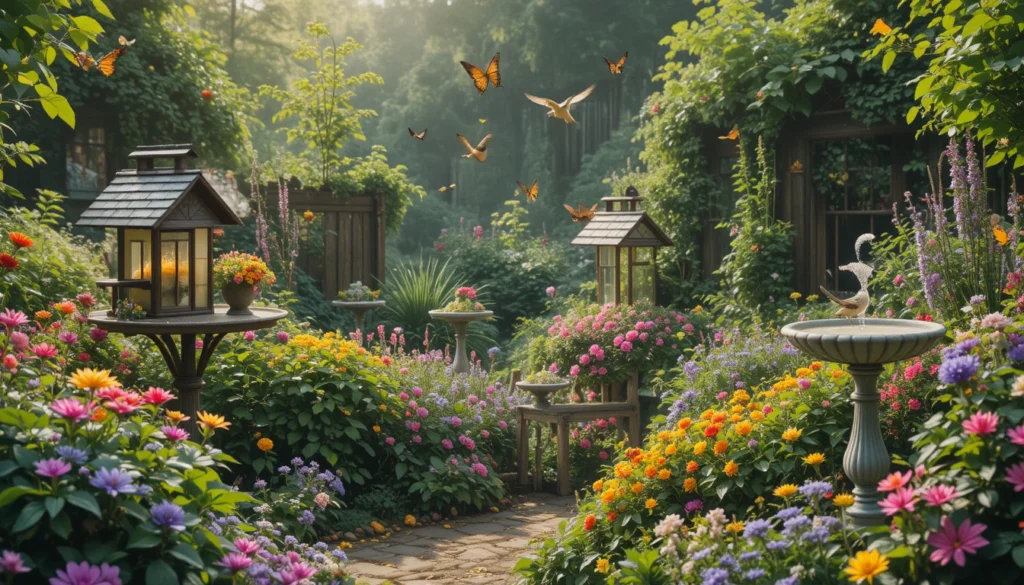 Home Garden Ideas for a Beautiful and Peaceful Outdoor Space 11 Lively garden with bird feeders and butterflies around blooming flowers.