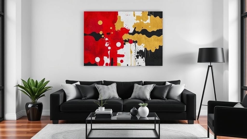 Black couch with striking wall art adding vibrant modern flair.