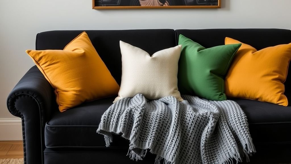 Black couch styled with colorful cushions and cozy throw blankets.