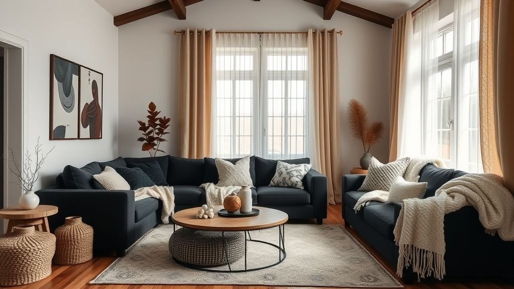 Black couch with layered textiles creating a cozy and stylish atmosphere.