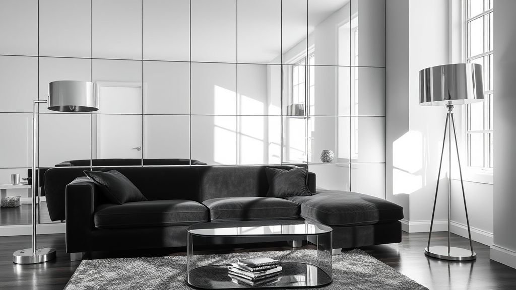 Black couch in a bright room with glass and mirrors adding depth.