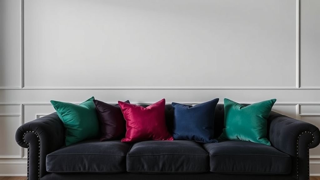 Black couch decorated with rich jewel-toned pillows for modern charm.