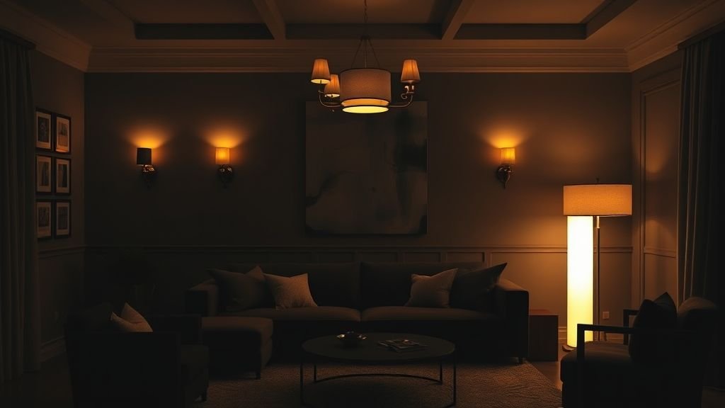 Black couch illuminated by layered warm lighting for elegant ambiance.