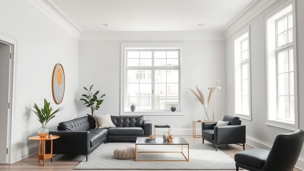 Black couch with white walls and modern minimal decor creating elegant contrast.
