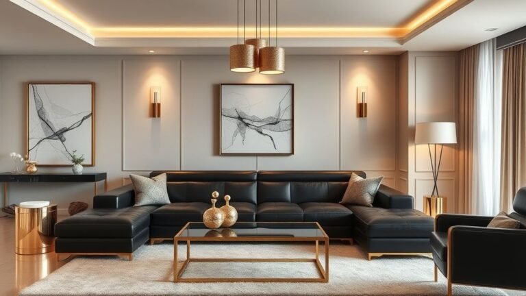 Modern living room with black couch, gold accents, and elegant décor for a sophisticated home design.