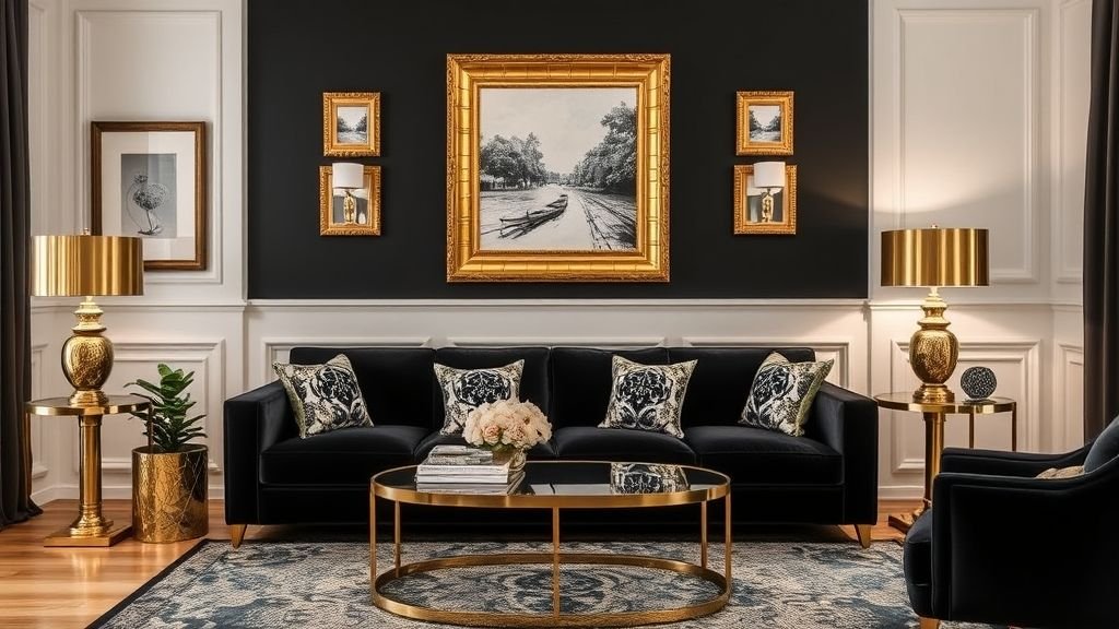 Black couch with gold metallic decor for a chic and modern look.