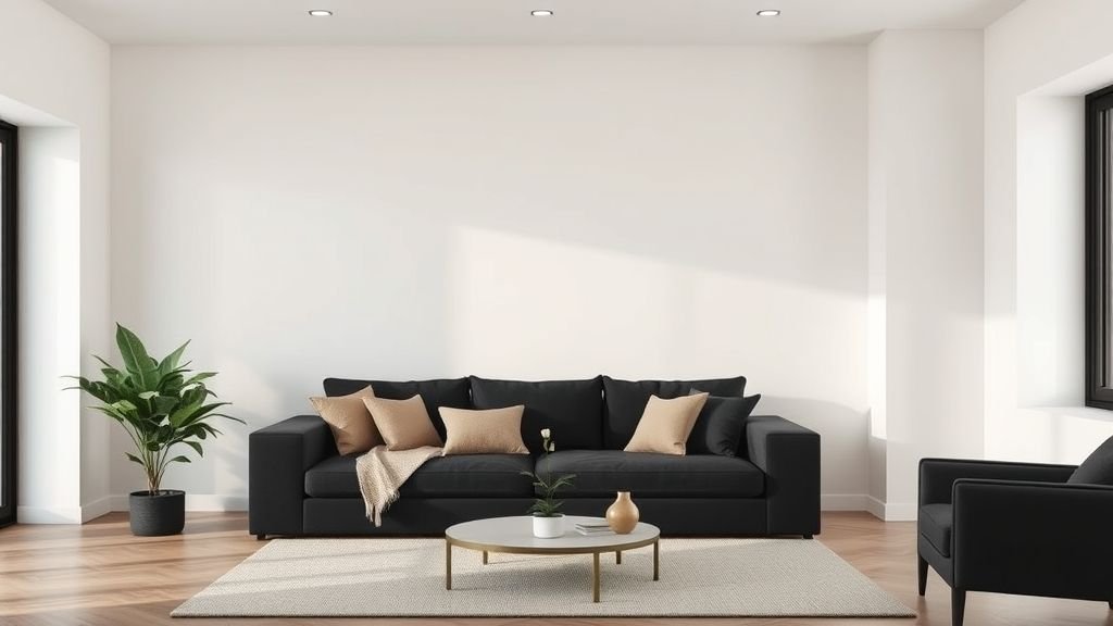 Black couch in a minimalist space with clean lines and simple design.