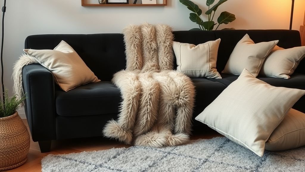 Black couch layered with soft textures like fur throws and linen cushions.