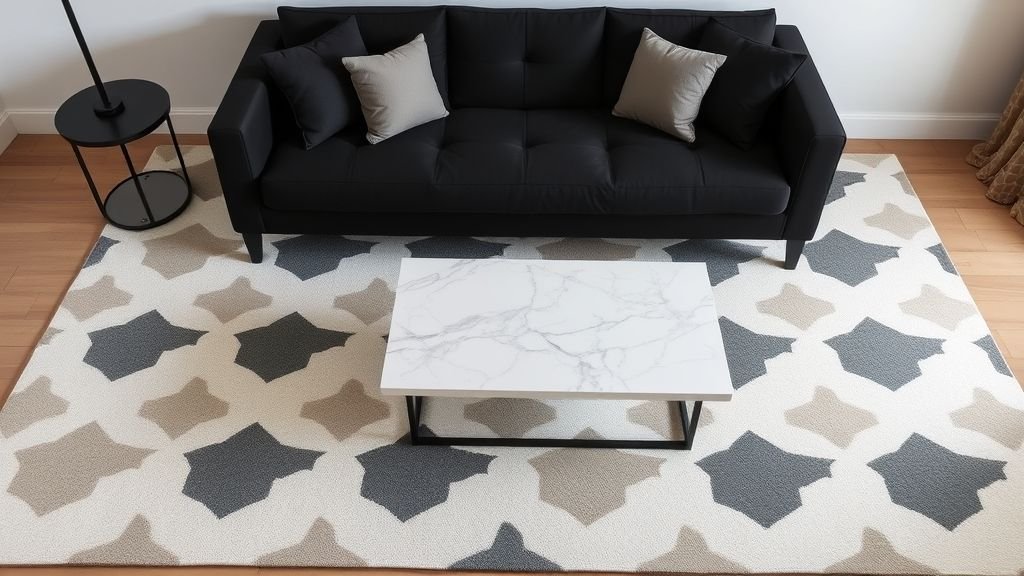 Black couch paired with a stylish geometric rug and modern decor.