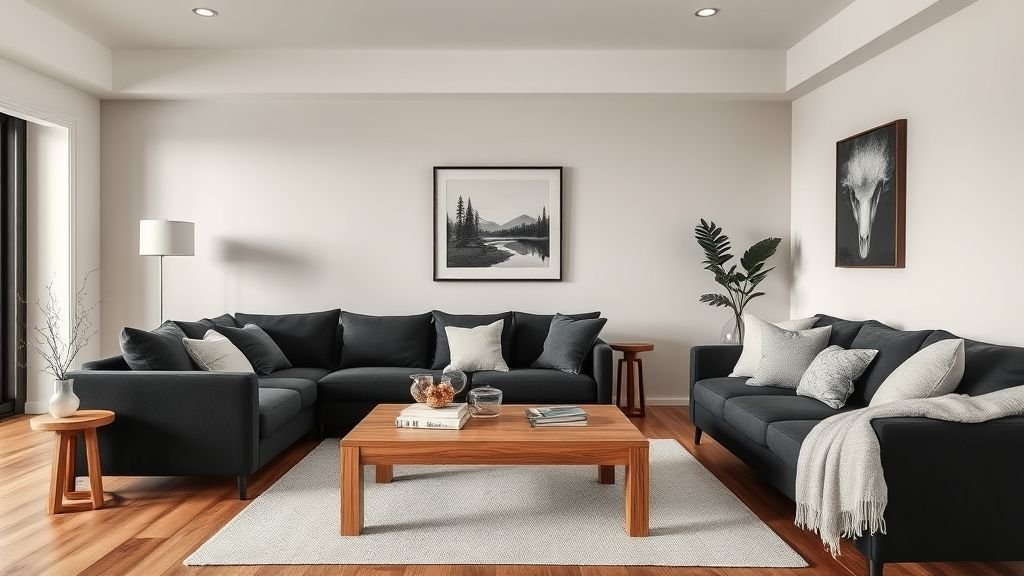 Black couch with wooden furniture adding natural warmth to modern decor.