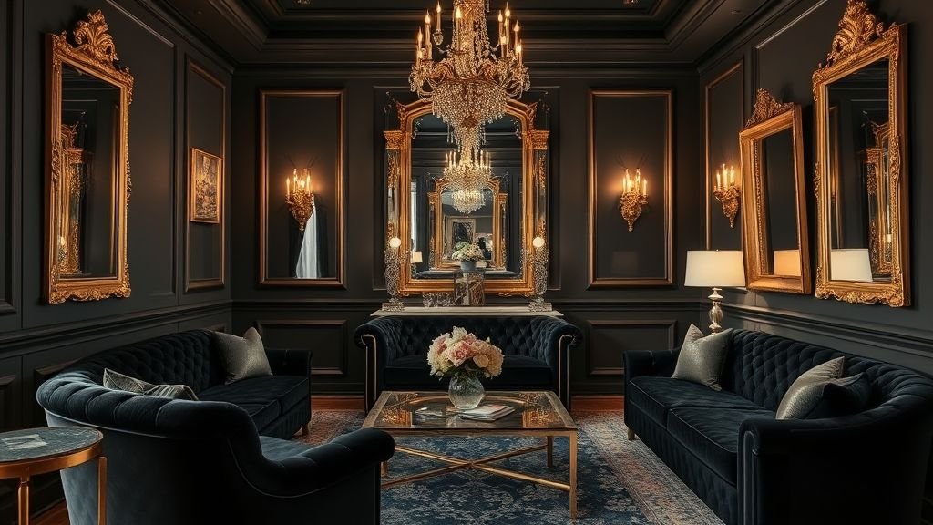 Home Decor Ideas for a Stylish and Inviting Space 8 Luxurious black and gold sitting room with velvet furniture and gold mirrors.