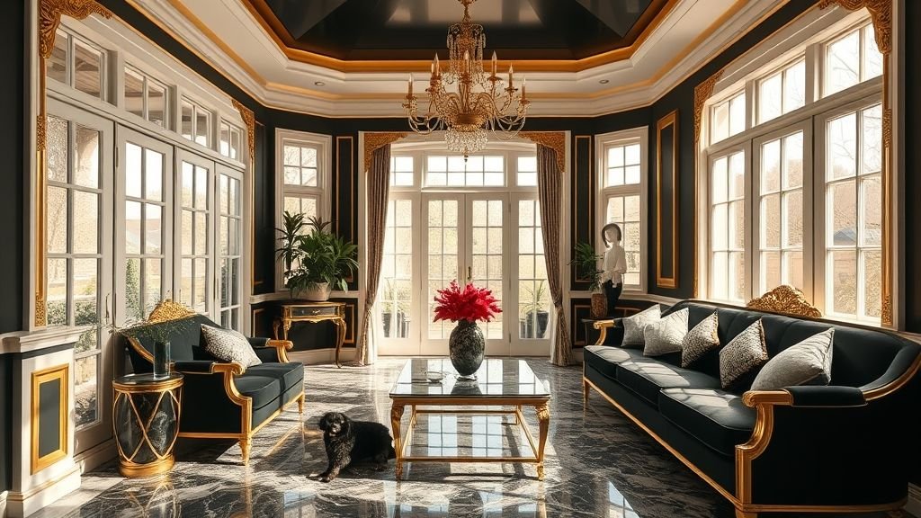 Sunroom Design Ideas for Bright and Relaxing Spaces 14 luxurious black and gold sunroom with marble flooring and elegant furniture