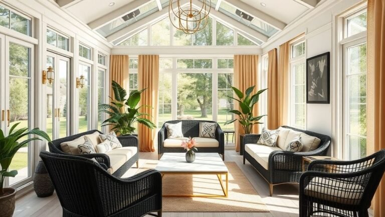 Modern sunroom with black-and-gold furniture, wooden flooring, green plants, and bright natural light streaming through glass windows.