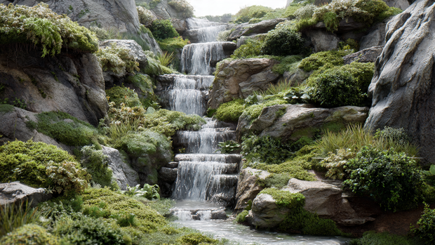 16 Natural Stone Waterfall for Hillside Beauty and Relaxation 5 Moss-covered stones and greenery surrounding a natural hillside waterfall.