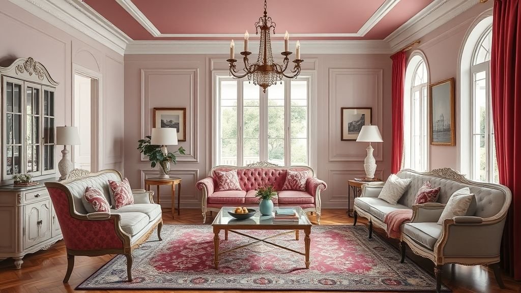 The Raspberry Mille-Feuille Home Aesthetic 11 Interior blending tradition and modernity with French furniture and raspberry textiles.