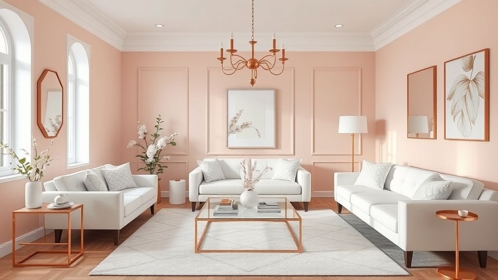 Home Decor Ideas for a Stylish and Inviting Space 11 Modern blush pink interior with rose-gold décor and white furnishings.