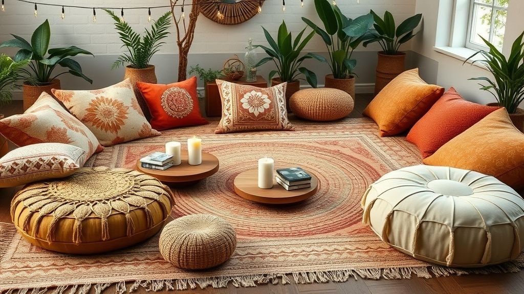 Floor Seating Ideas for a Cozy and Stylish Space 2 A bohemian floor lounge with colorful cushions, layered rugs, and fairy lights in warm terracotta tones.